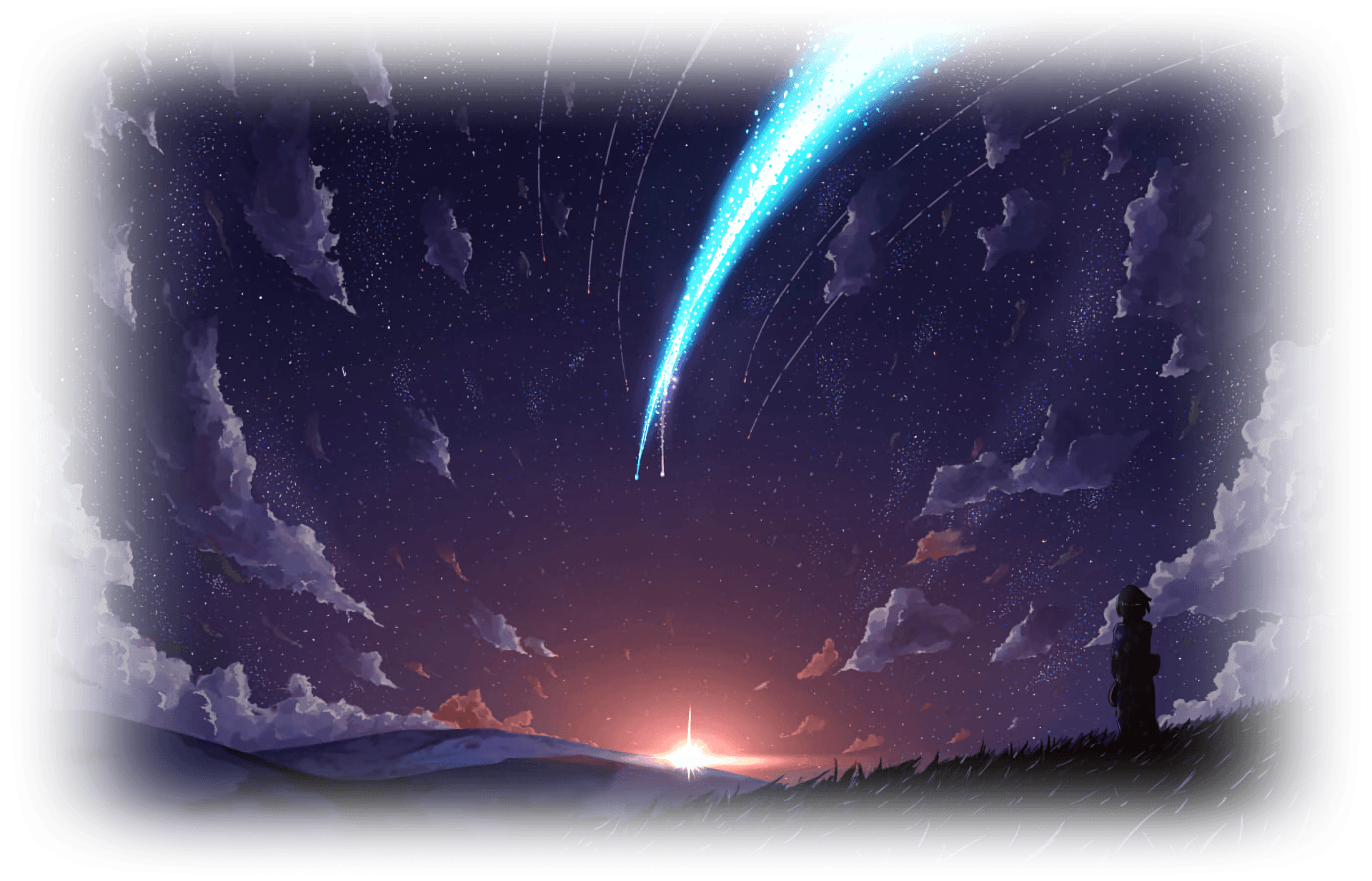 The comet from Your Name blazes towards the setting sun in the horizon, its tail shining against a star-speckled night sky.